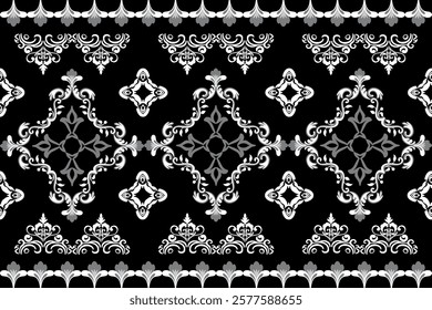 Damask seamless pattern in the style of baroque. Traditional classic black and white ornament. Design for elaborate borders, tiles, ceramic pottery, and clothing.