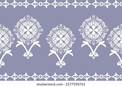 Damask seamless pattern in the style of baroque. Traditional classic purple and white ornament. Design for elaborate borders, tiles, ceramic pottery, and clothing.