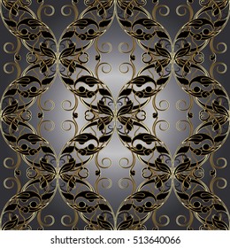 Damask seamless pattern. Stylish floral vector  background wallpaper with 3d vintage decorative antique black and gold flowers, leaves and ornaments.