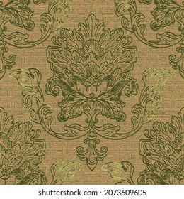 Damask seamless pattern. Textured fabric or wallpaper. Obsolete shabby yellow-green background