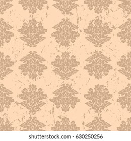 Damask seamless pattern with thin cracks and scratches. Luxury royal ornament with aged look, victorian texture for wallpapers, textile, wrapping. Exquisite floral baroque lacy foliage in beige color.