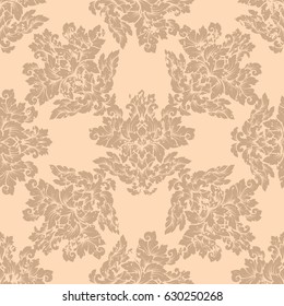 Damask seamless pattern with thin cracks and scratches. Luxury royal ornament with aged look, victorian texture for wallpapers, textile, wrapping. Exquisite floral baroque lacy foliage in beige color.