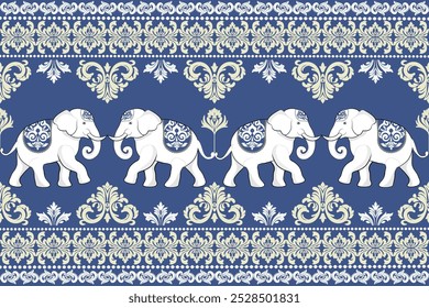 Damask Seamless Pattern Tribal Ethnic Elephant pattern,Thai elephant, paisley and hamsa. Ethnic elephant background Hand drawn illustration. Wallpaper, cloth design, fabric, tissue, carpet, rug.