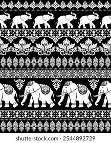 Damask Seamless Pattern Tribal Ethnic Elephant pattern,Thai elephant, paisley and hamsa. Ethnic elephant background Hand drawn illustration. Wallpaper, cloth design, fabric, tissue, carpet, rug