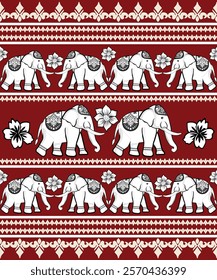 Damask Seamless Pattern Tribal Ethnic Elephant pattern,Thai elephant, paisley and hamsa. Ethnic elephant background Hand drawn illustration. Wallpaper, cloth design, fabric, tissue, carpet, rug