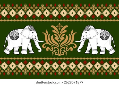 Damask Seamless Pattern Tribal Ethnic Elephant pattern,Thai elephant, paisley and hamsa. Ethnic elephant background Hand drawn illustration. Wallpaper, cloth design, fabric, tissue, carpet, rug.
