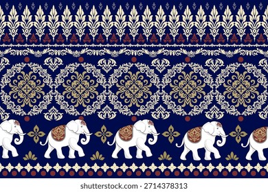 Damask Seamless Pattern Tribal Ethnic Elephant pattern,Thai elephant, paisley and hamsa. Ethnic elephant background Hand drawn illustration. Wallpaper, cloth design, fabric, tissue, carpet, rug.