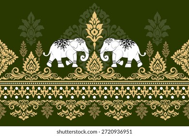 Damast Nahtloses Muster Tribal Ethnic Elephant Muster, Thai Elefant, Paisley und Hamsa. Ethnischer Elefantenhintergrund Handgezeichnete Illustration. Tapete, Stoffdesign, Stoff, Gewebe, Teppich, Teppich.
