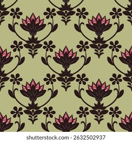Damast naadloze patroon vector achtergrond. barokke stijl patroon. Luxe textiel. Grafisch sierpatroon voor behang, stof, verpakking, verpakking. Damask floral ornament.