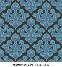 Damask seamless pattern in vector. Blue tiles on a brown background. Wallpaper, fabric, packaging, decor element