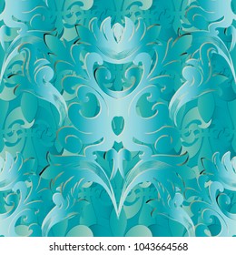 Damask seamless pattern. Vector floral turquoise background wallpaper with vintage  flowers, scroll leaves, abstract modern ornaments in baroque style. Baroque 3d pattern. For fabric, textile, prints