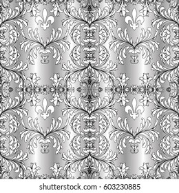 Damask seamless pattern. Vector floral light silver drapery background wallpaper with  vintage black and white flowers, scroll leaves  and antique Baroque style line art tracery ornaments.