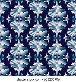 Damask seamless pattern . Vector floral blue background wallpaper with 3d  vintage flowers, scroll leaves  and antique Baroque style ornaments. Luxury texture for fabric, textile, curtains