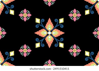 Damasco sin patrón de Vector, flores vintage sobre fondo negro, tradicional, estilo bohemio, motivos turcos, ideal para tela y textil, envoltura, ropa, alfombra, Bandana, batik, y Fondo de pantalla
