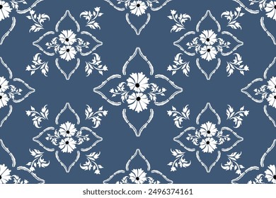 Damask seamless pattern vector,vintage florals White and blue,traditional,ethnic pattern, Turkish motifs, Great for fabric and textile, wrapping, clothing,carpet, Bandana, batik, and wallpaper