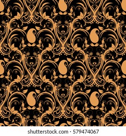  Damask seamless pattern. Vintage black background. Antique wallpaper. Decorative paisley flowers and  ornaments in Victorian style. Vector  texture for fabric, textile. 