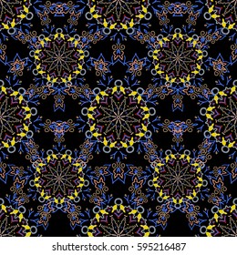 Damask seamless pattern in violet, brown and blue colors. Vector illustration.