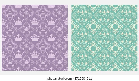 Damask seamless pattern. Violet and green color. Vector art