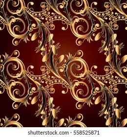 Damask seamless pattern  wallpaper illustration with gold antique 3d abstract flowers, curl  leaves and vintage  ornaments on the red background.Luxury vector fabric texture with shadow and highlight