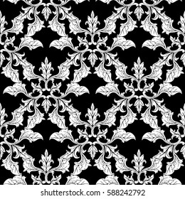 Damask  seamless pattern wallpaper  illustration with antique vintage floral baroque ornaments, scroll leaves and flowers. Elegant  vector isolated texture for fabric, textile. Black  background.