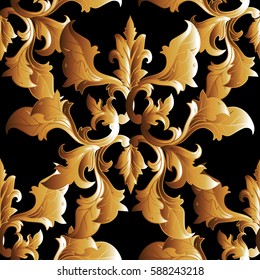 Damask seamless pattern wallpaper  illustration with antique vintage gold 3d floral baroque ornaments, scroll leaves and flowers . Luxury vector  texture for fabric, textile. Black background.