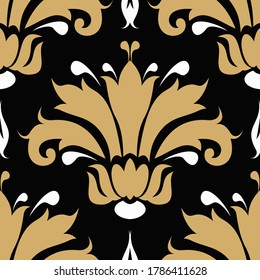 Damask seamless pattern, wallpaper texture, elegant background pattern. Sample template. Gold, black and white colors. For fabrics, covers, posters, interior design or wallpaper. Vector background