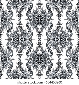 Damask  seamless pattern. White  background wallpaper illustration with vintage  black  flowers, scroll leaves and antique baroque  ornaments. Vector isolated floral fabric  texture.