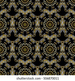 Damask seamless pattern in yellow colors. Design for fabric, wallpaper, background, invitation, wrapping and book covers. Vector vintage floral ornament. Oriental style. Hand drawn illustration.