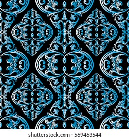 Damask seamless pattern.Antique vintage blue 3d baroque ornaments.Ornate medieval  background.Scroll leaves.Luxury ornamental wallpaper  illustration. Floral elegant vector fabric texture 