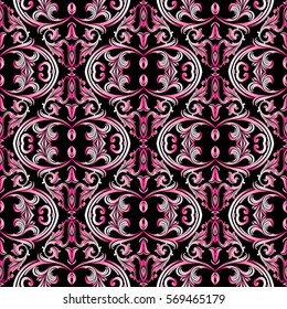 Damask seamless pattern.Antique vintage pink 3d baroque  ornaments.Ornate medieval  black  background.Scroll leaves.Luxury ornamental wallpaper  illustration. Floral elegant vector fabric texture 