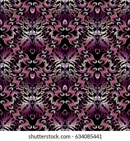 Damask seamless pattern.Black background wallpaper illustration with vintage  decorative violet 3d flowers, scroll leaves and medieval antique ornaments. Vector  floral fabric pattern  texture.