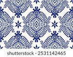 Damask seamless pattern,damask Ikat floral seamless pattern vector illustration,navy blue and white background,Aztec style,baroque pattern.design for texture,fabric,clothing,wrapping,decoration,print.