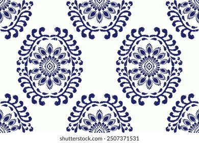 Damask seamless pattern,damask Ikat floral seamless pattern vector illustration,blue and white background,Aztec style,baroque pattern.design for texture,fabric,clothing,wrapping,decoration,print,tile.