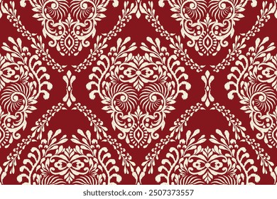 Damask seamless pattern,damask Ikat floral seamless pattern vector illustration,red and white background,Aztec style,baroque pattern.design for texture,fabric,clothing,wrapping,decoration,print,tile