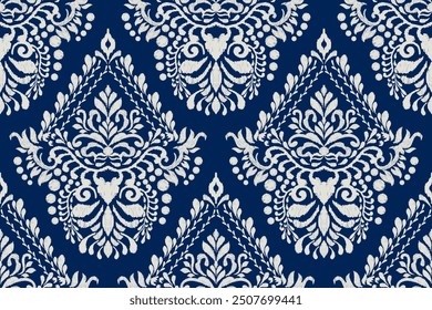 Damask seamless pattern,damask Ikat floral seamless pattern vector illustration,blue and white background,Aztec style,baroque pattern.design for texture,fabric,clothing,wrapping,decoration,print,tile.