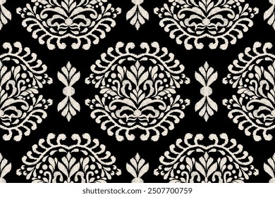 Modelo inconsútil del damasco, Ilustración vectorial inconsútil floral del patrón del damasco Ikat, fondo blanco y negro, estilo azteca, patrón barroco. diseño para la textura, tela, ropa, envoltura, decoración, impresión, azulejo