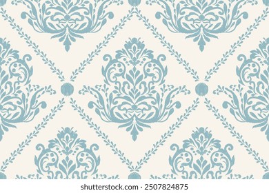 Damask seamless pattern,damask Ikat floral seamless pattern vector illustration,blue and white background,Aztec style,baroque pattern.design for texture,fabric,clothing,wrapping,decoration,print,tile.