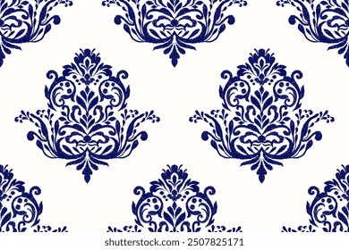 Modelo inconsútil del damasco, Ilustración vectorial inconsútil floral del patrón del damasco Ikat, fondo azul marino y blanco, estilo azteca, patrón barroco. diseño para la textura, tela, ropa, envoltura, decoración, impresión.