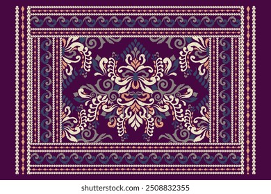 Damask seamless pattern,damask Ikat floral seamless pattern vector illustration,carpet pattern on purple background,Aztec style,baroque pattern.design for texture,fabric,clothing,wrapping,decoration
