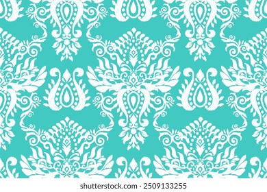 Padrão sem emenda Damask,ilustração de vetor de padrão sem emenda floral Ikat damask,fundo verde e branco,estilo asteca,design barroco pattern.design para textura,tecido,roupas,encapsulamento,decoração,impressão,ladrilho