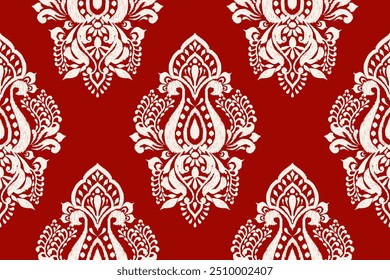 Damask seamless pattern,damask Ikat floral seamless pattern vector illustration,red and white background,Aztec style,baroque pattern.design for texture,fabric,clothing,wrapping,decoration,print,tile