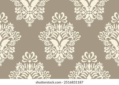 Modelo inconsútil del damasco, Ilustración vectorial inconsútil floral del patrón del damasco Ikat, fondo gris y blanco, estilo azteca, patrón barroco. diseño para la textura, tela, ropa, envoltura, decoración, impresión, saree