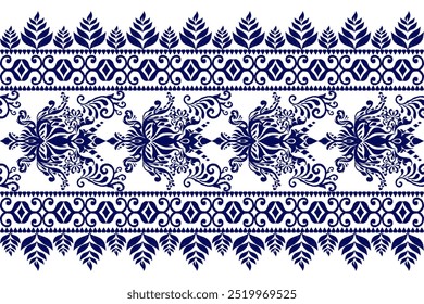 Damask seamless pattern,damask Ikat floral pattern vector illustration,navy blue and white background,Aztec style,baroque pattern.design for texture,fabric,clothing,wrapping,decoration,print,scarf.