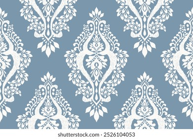 Damask seamless pattern,damask Ikat floral seamless pattern vector illustration,blue and white background,Aztec style,baroque pattern.design for texture,fabric,clothing,wrapping,decoration,print,saree