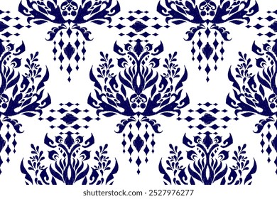 Damask seamless pattern,damask Ikat floral seamless pattern vector illustration,navy blue and white background,Aztec style,baroque pattern.design for texture,fabric,clothing,wrapping,decoration,print.