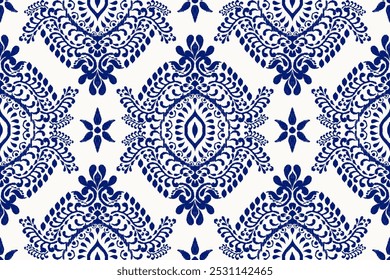 Padrão sem emenda Damask,ilustração de vetor de padrão sem emenda floral Ikat damask,azul marinho e fundo branco,estilo asteca,design barroco pattern.design para textura,tecido,roupas,envoltório,decoração,impressão.