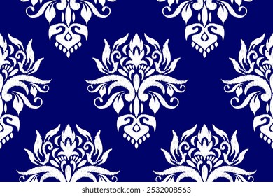 Damask seamless pattern,damask Ikat floral seamless pattern vector illustration,navy blue and white background,Aztec style,baroque pattern.design for texture,fabric,clothing,wrapping,decoration,print.