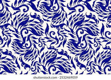 Damask seamless pattern,damask Ikat floral seamless pattern vector illustration,navy blue and white background,Aztec style,baroque pattern.design for texture,fabric,clothing,wrapping,decoration,print.