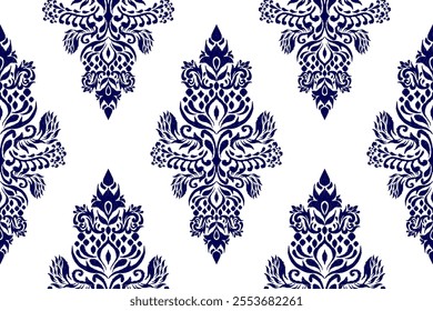 Damask seamless pattern,damask Ikat floral seamless pattern vector illustration,blue and white background,Aztec style,baroque pattern.design for texture,fabric,clothing,wrapping,decoration,print,tile.