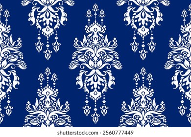 Damask seamless pattern,damask Ikat floral seamless pattern vector illustration,navy blue and white background,Aztec style,baroque pattern.design for texture,fabric,clothing,wrapping,decoration,print.